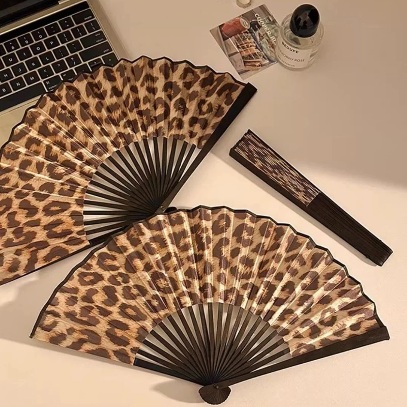 Leopard Print Bamboo Folding Fan Portable Summer Cooling Daily Fan for Hanfu Cheongsam Horse Face Skirt Dance Gift Set Chinese