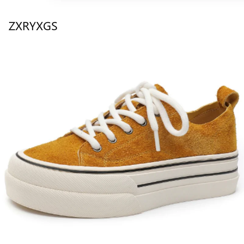 ZXRYXGS Head Layer Frosted Cowhide Women Sneakers Single Shoes Elevator Non-slip Platform Sneakers Trendy Shoes New Lace-up 2025