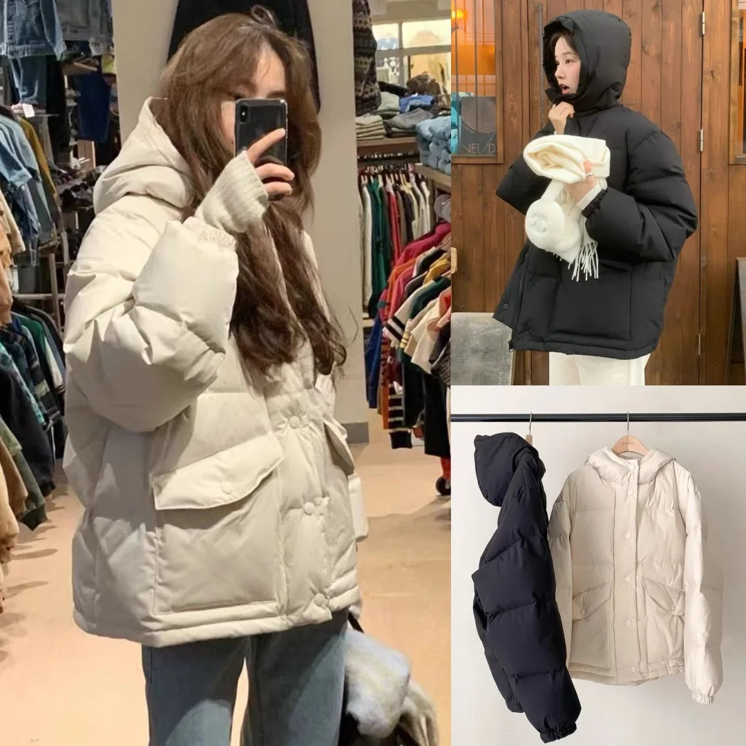 เสื้อโค้ทผู้หญิงแบบมีฮู้ด ซิป ผ้าดาวน์สีขาว น้ำหนักเบา สไตล์ลำลอง ให้ความอบอุ่น ทรงโอเวอร์ไซส์ ดีไซน์ทันสมัย แมทช์ได้กับทุกชุด