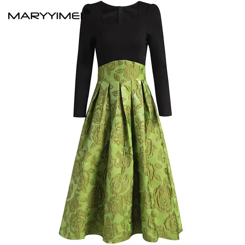 Gedivoen Otoño Invierno moda mujer vestido cuello cuadrado manga larga Patchwork Jacquard vestido de baile Vintage vestidos elegantes