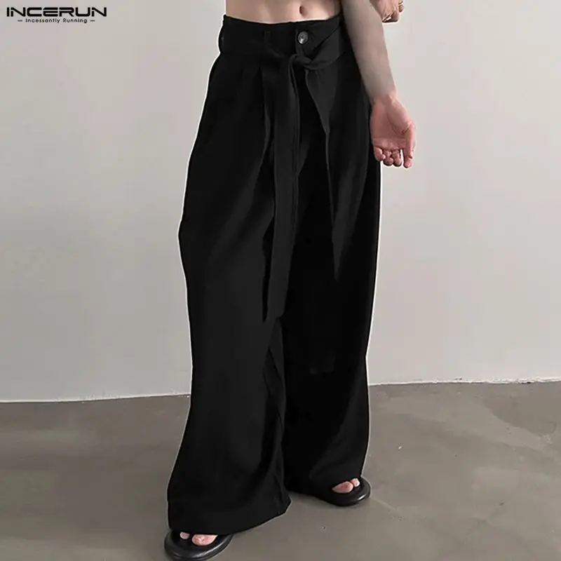 

INCERUN Men Wide Leg Pants Solid Color Button Joggers Lace Up Loose Trousers Men Streetwear Loose Fashion Casual Male Long Pants