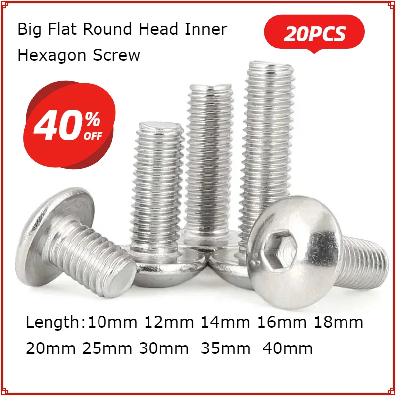 20pcs Stainless Steel Big Flat Round Head Inner Hexagon Screw Bolt M6 6mm M5 5mm for Motorcycle Scooter ATV Moped Plastic Cover