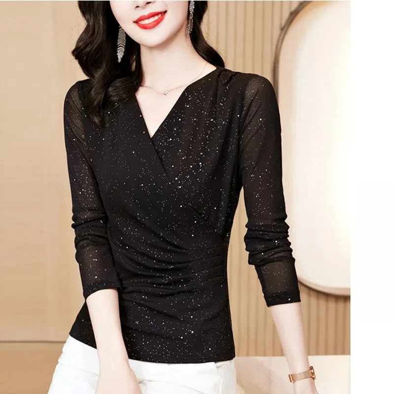 Women's Clothing Chic V-Neck Spring Autumn Sequined Solid Color Pullover Long Sleeve Casual T-shirt Fashionable Elegant Tops