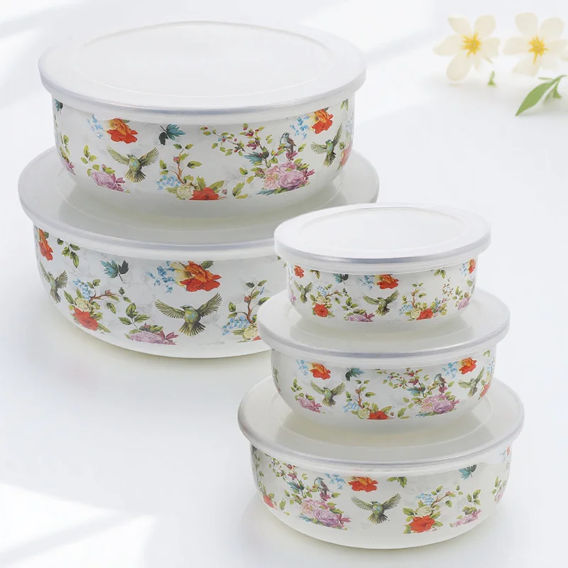

5Pcs Enamel Bowls Set Transparent Lid Fresh Keeping Soup Noodle Salad Bowls Multi-Purpose Food Containers Enamel Bowl
