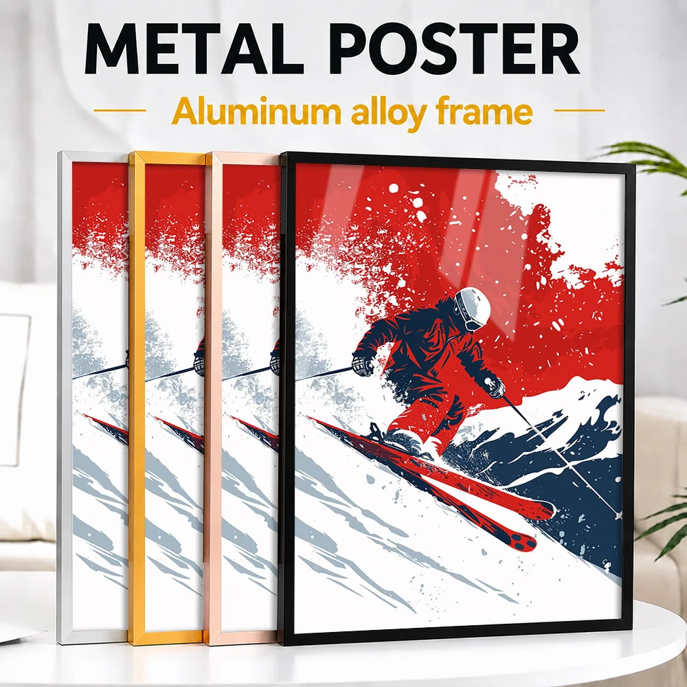 Skier Red Metal Poster With Aluminum Alloy Frame Customized Paint Splash Wall Art For Ski Lodge And Mountain Cabin Living Room