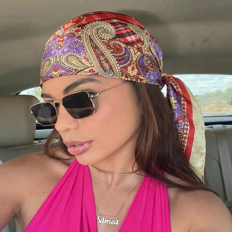 

Luxury Satin Square Scarf Vintage Paisley Plaid Hijab Soft Bandana for Women Vacation Beach Headscarf Neck Wrap Hair Accessory