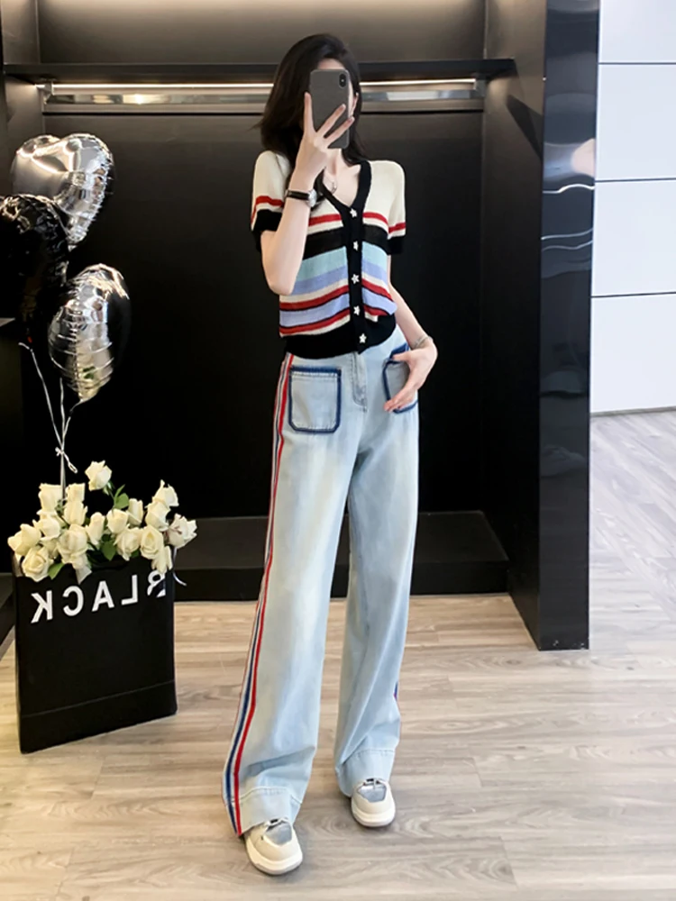 

2025 Spring Unique Knitted Summer Casual Slimming V-Neck Striped Denim Pants Set Women's Fashion Thin Two-Piece