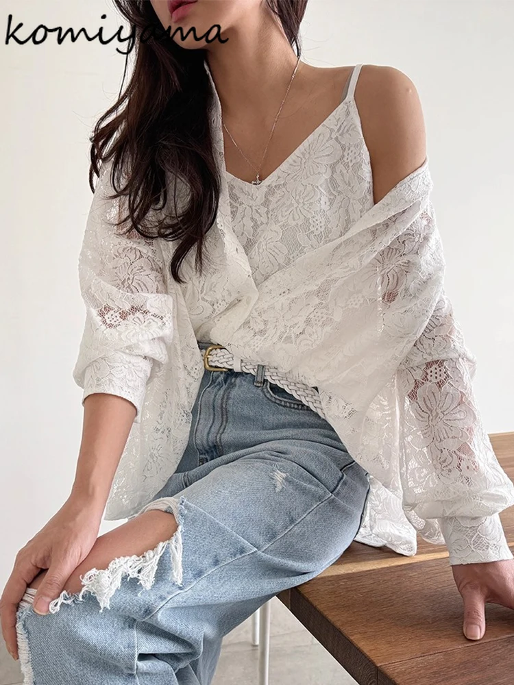 

Lace Sun-protective Woman 2025 Shirts & Blouses Pure Desire Style Blusas Hollow Out Ropa De Mujer Hook Flower Camis Clothing