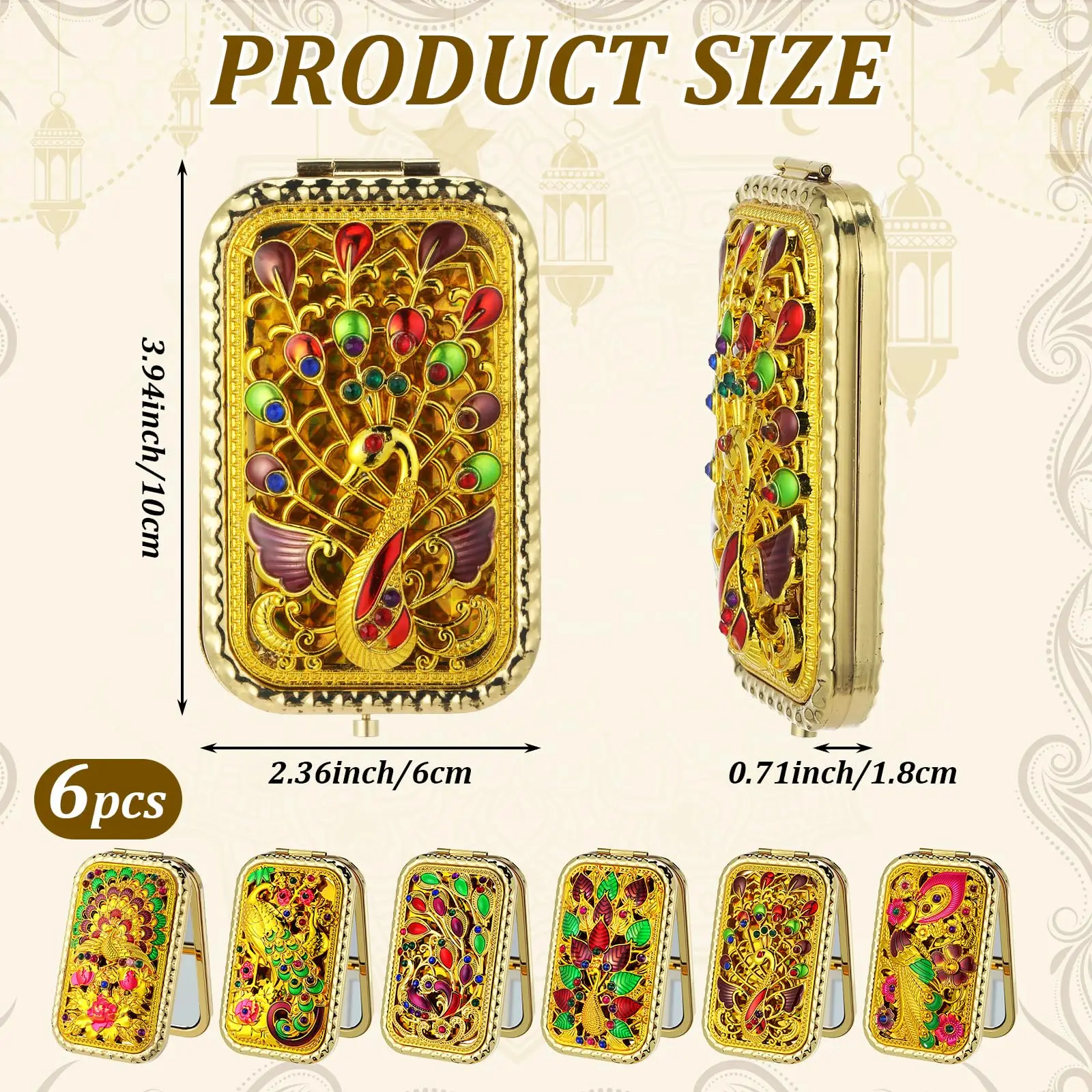 مرآة جيب عتيقة بتصميم طاووس ذهبي، مرآة مكياج مستطيلة مزدوجة الجوانب، مرآة تزيين، أداة تجميل للشرب #5