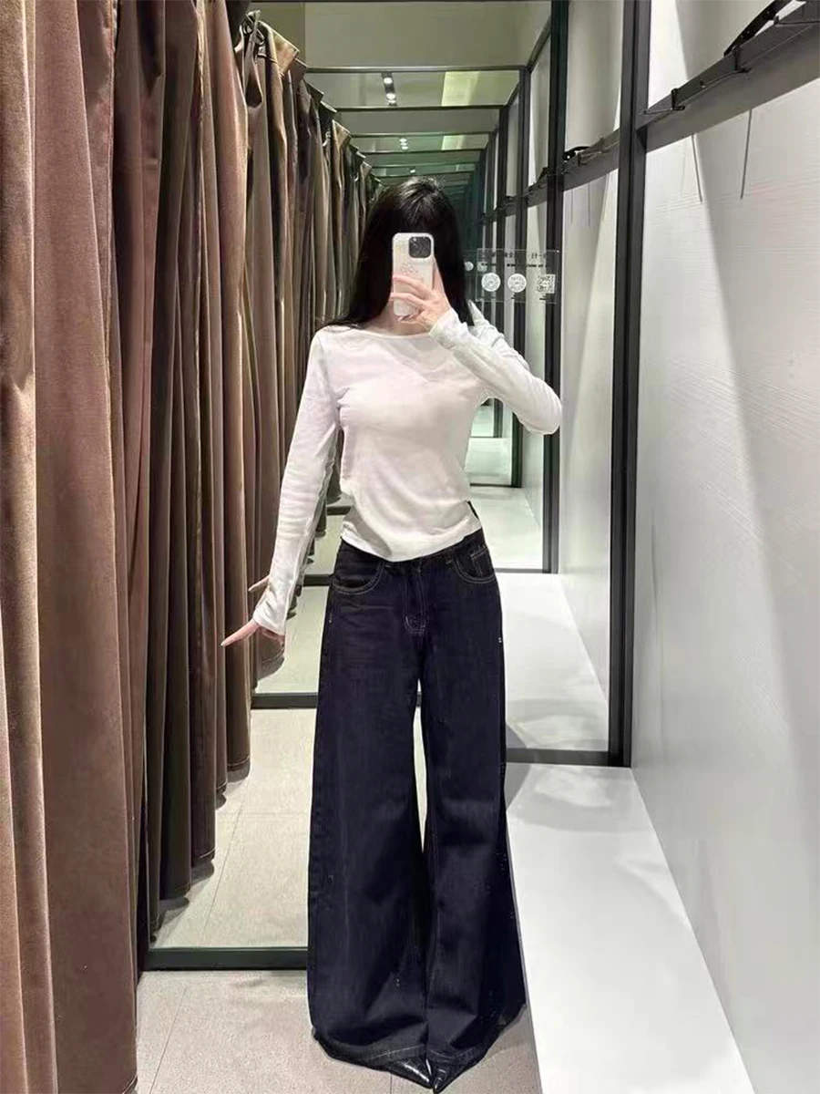 

Джинсы женские больших размеров, американский стиль, свободные, с высокой талией, прямые, в пол, осенне-зимние, повседневные, синие