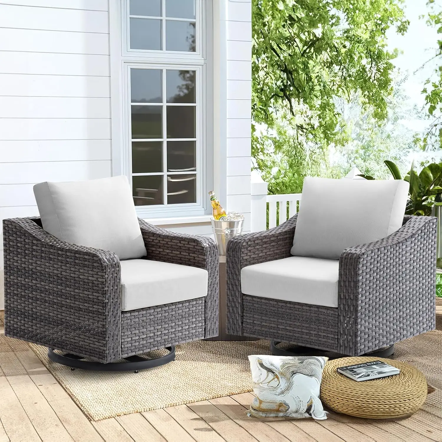 Outdoor Terrasstoelen Set Van Roterende Rieten Patio Bistro Sets Met Zacht Kussen, Moderne Comfortabele Rotan Patio Meubelen Set