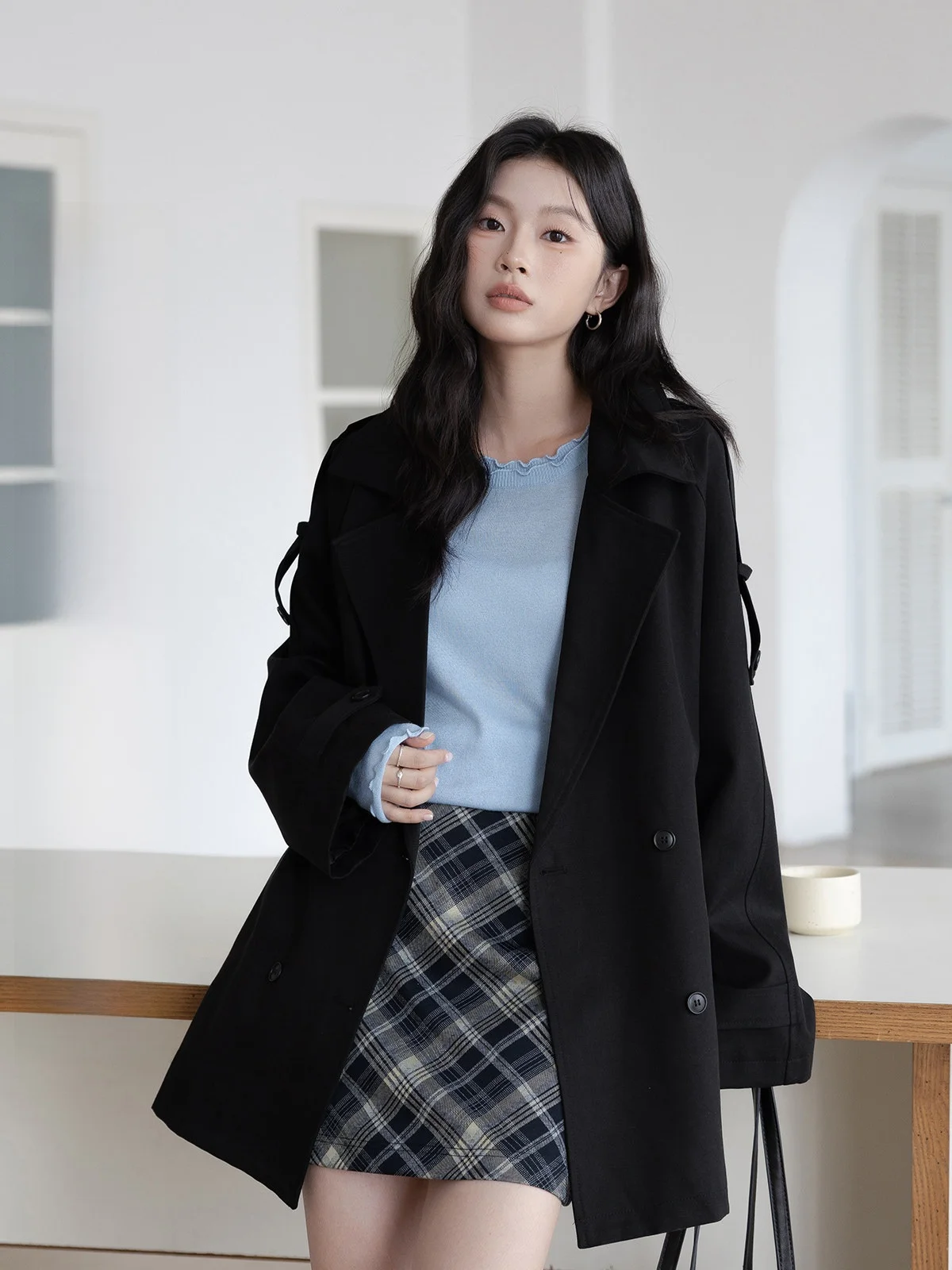 

HUIXI Bla ort Loose Women's Coat Autumn Winter New Sle Versatile Korean Version Commute Windbreaker Double Button Pure ...