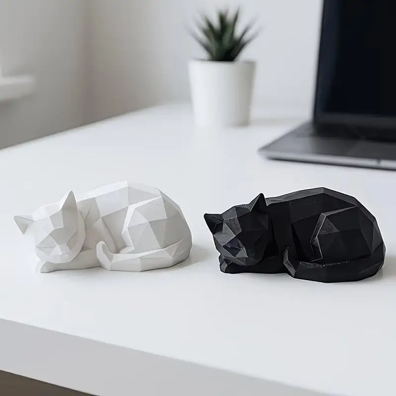 Modern Minimalist Plastic Figurine Abstract Geometric Sleeping Cat Statue Cute Desktop Ornament For Home Office