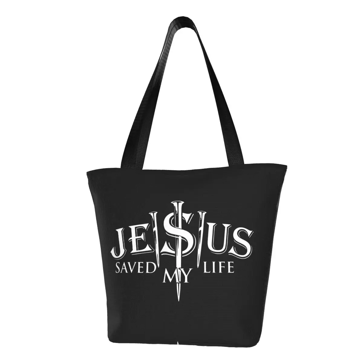 Cute Printing Jesus Saved My Life Tote Shopping Bags Durable Canvas Shopper Shoulder Christ Religion Christian Faith Handbag