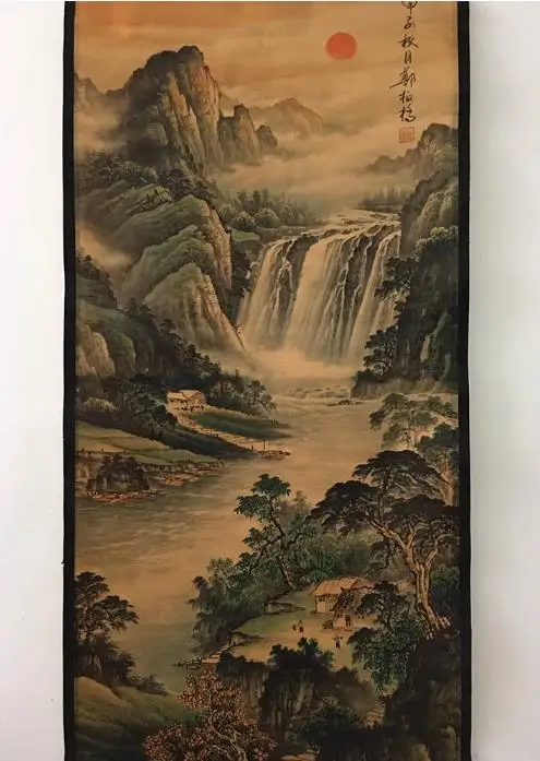 Antique Hand-painted Chinese Scroll painting,long axis of Landscape pine tree, #09,Home Decoration,best collection & adorn