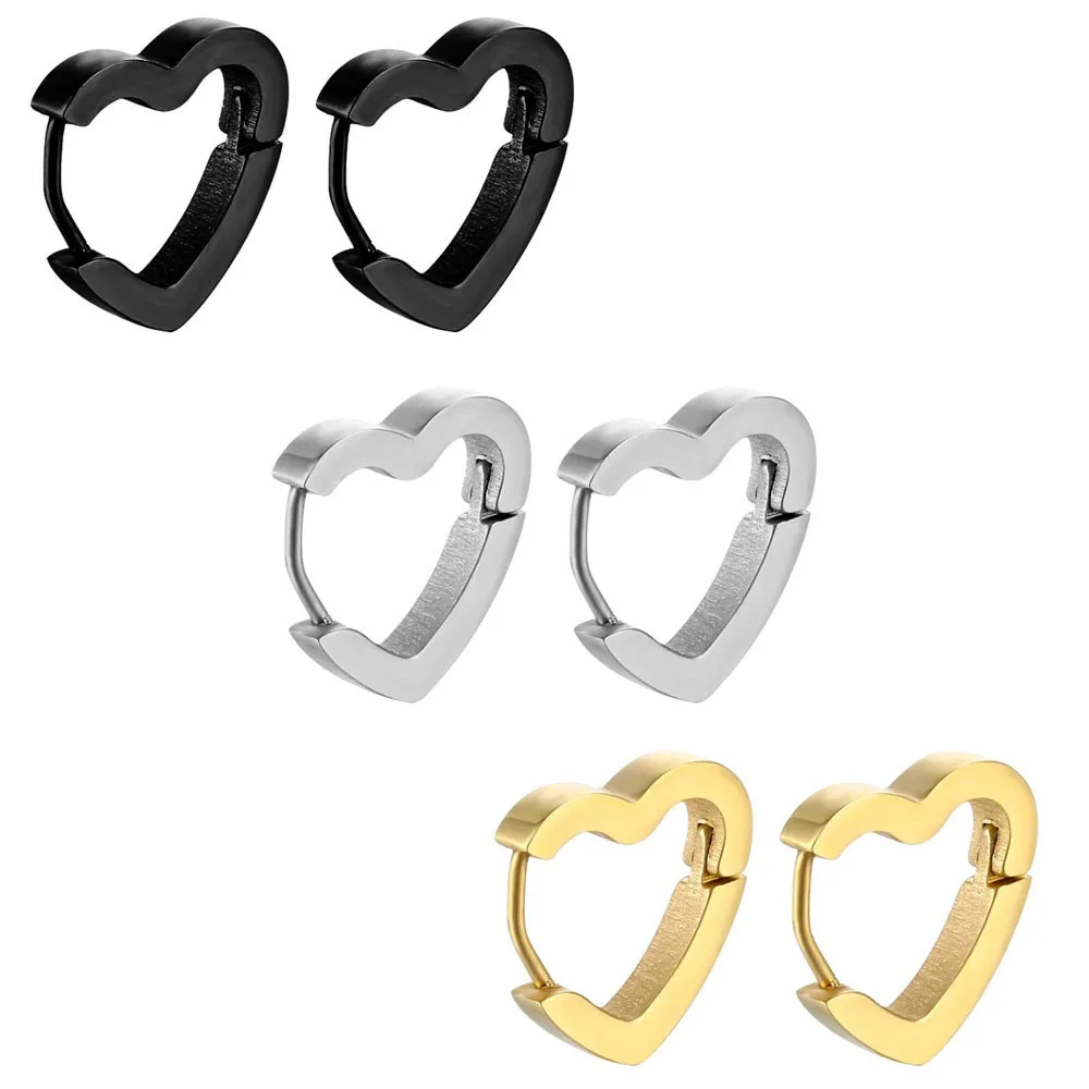 1/3 Pair Stainless Steel Heart-Shaped Stud Earrings Backs Tri-Color Set Unisex Pierced Jewelry