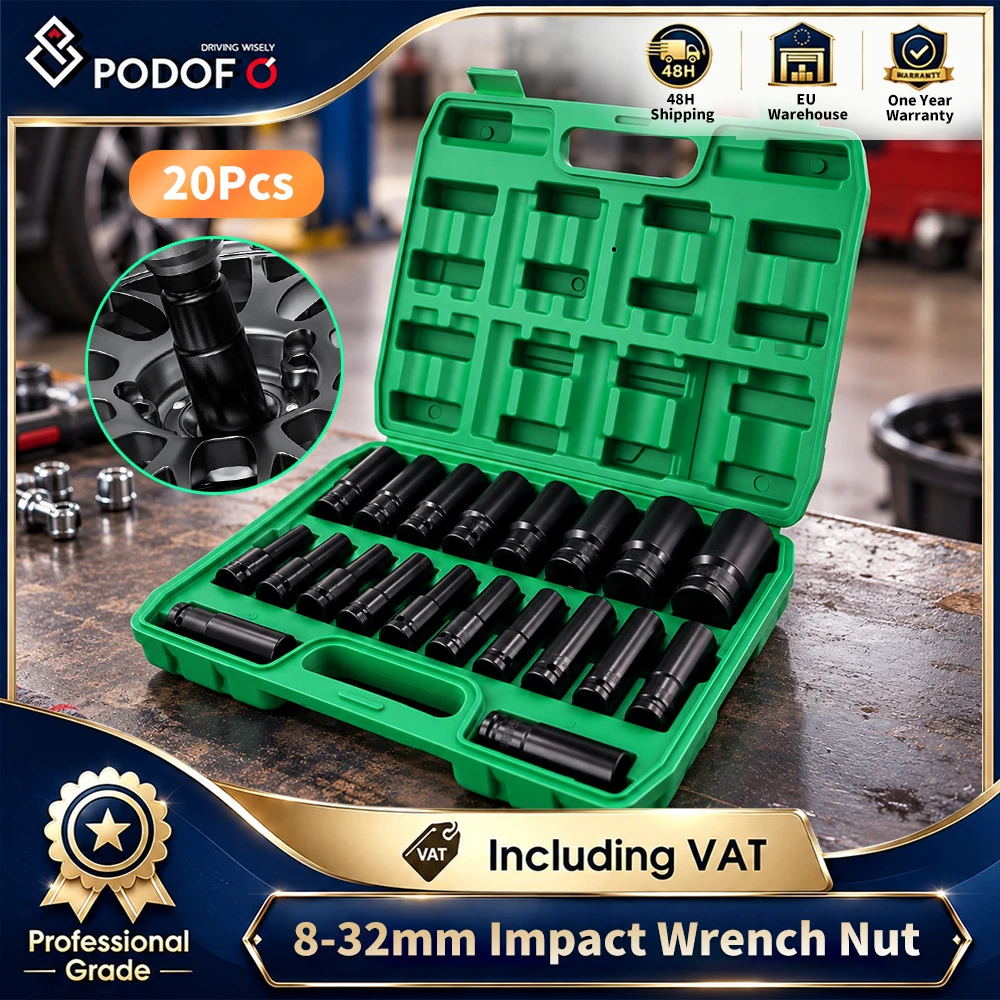 Set di 20 bussole a impatto da 1/2 pollice Podofo, in acciaio al cromo-vanadio, set di bussole metriche per dadi 8-32 mm, bussole esagonali a 6 punte, bussole standard profonde, con valigetta per