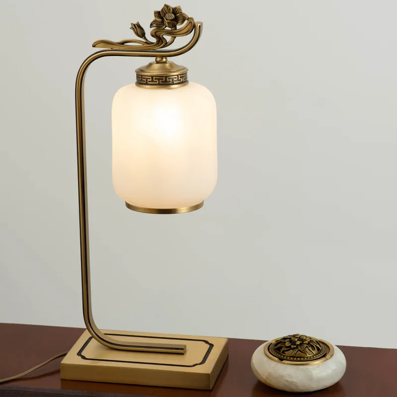 

New Chinese style living room Zen study home bedside table decorative lamp All copper jade cover glass cover Chinese style