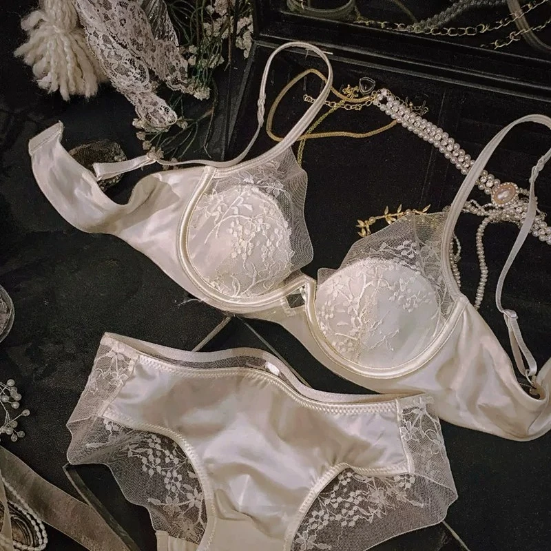 French Satin Lace Bra Set Women Push Up Anti Sagging Full Coverage Lingerie Elegant Ladies Underwear 32‑38 Breathable Daily Wear
