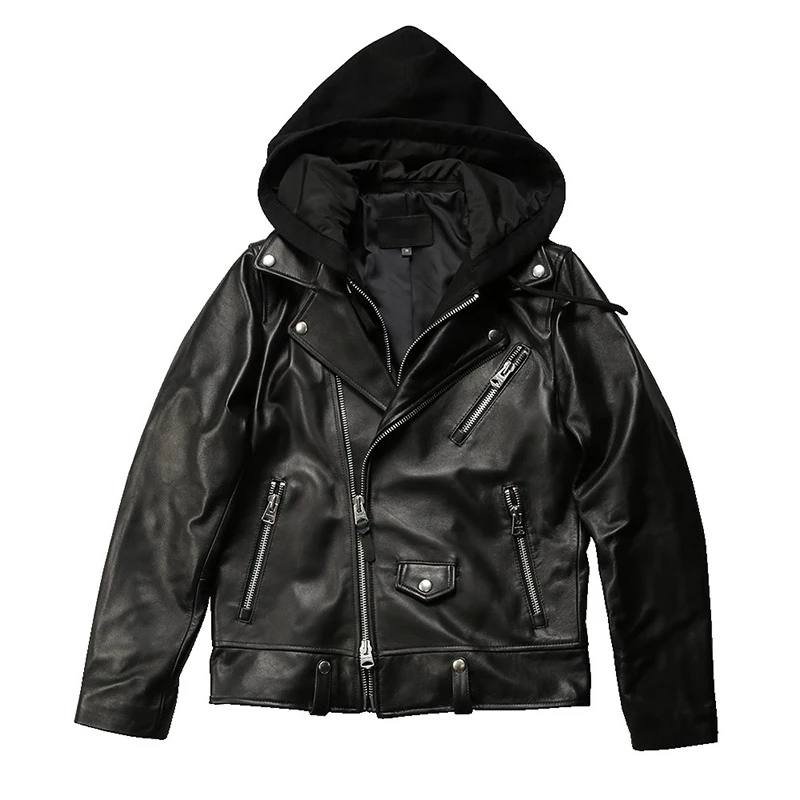 Motorcycle Embroidery Turn-down Collar Spring Autumn Fashion Casual Slim Removable Cap Unisex Black Leather Jackets