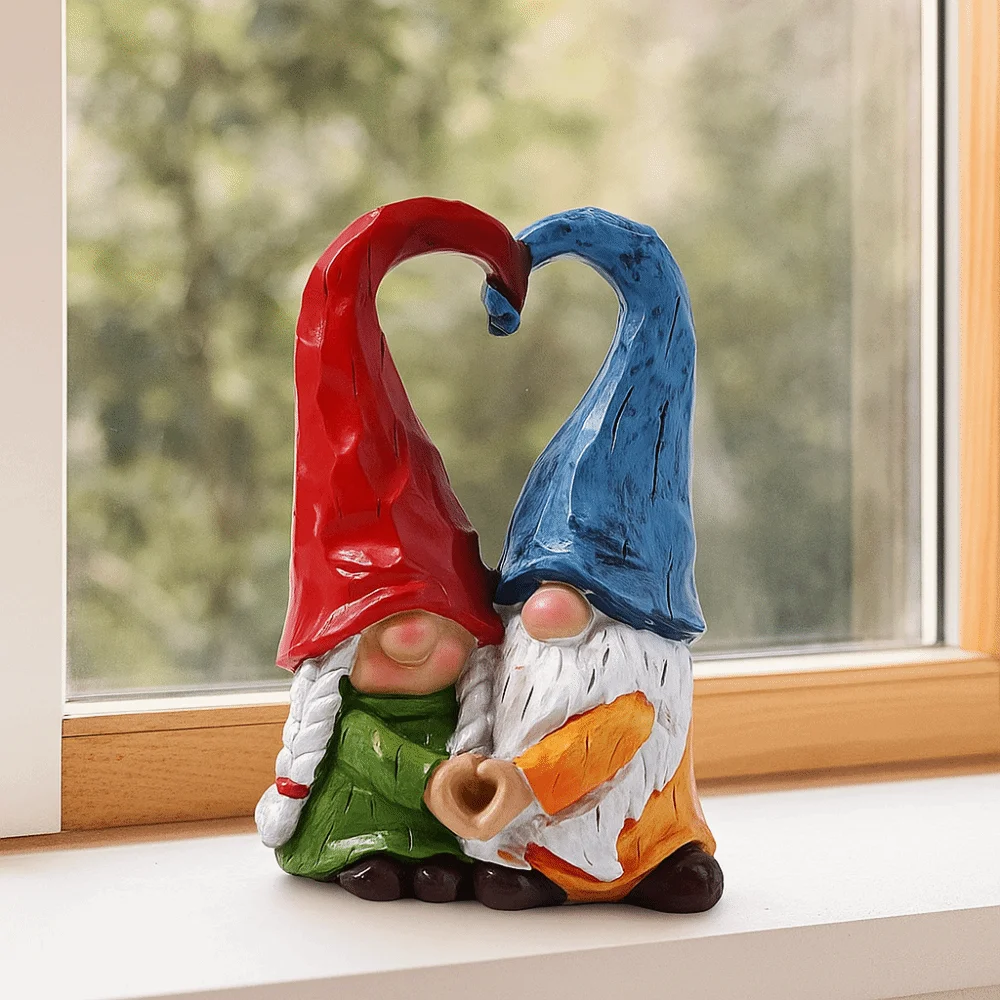 Coppia in resina Ornamenti nani Figurina nana di zucca da collezione fatta a mano Dolce amore Artigianato Statuette a forma di cuore di spirito nano