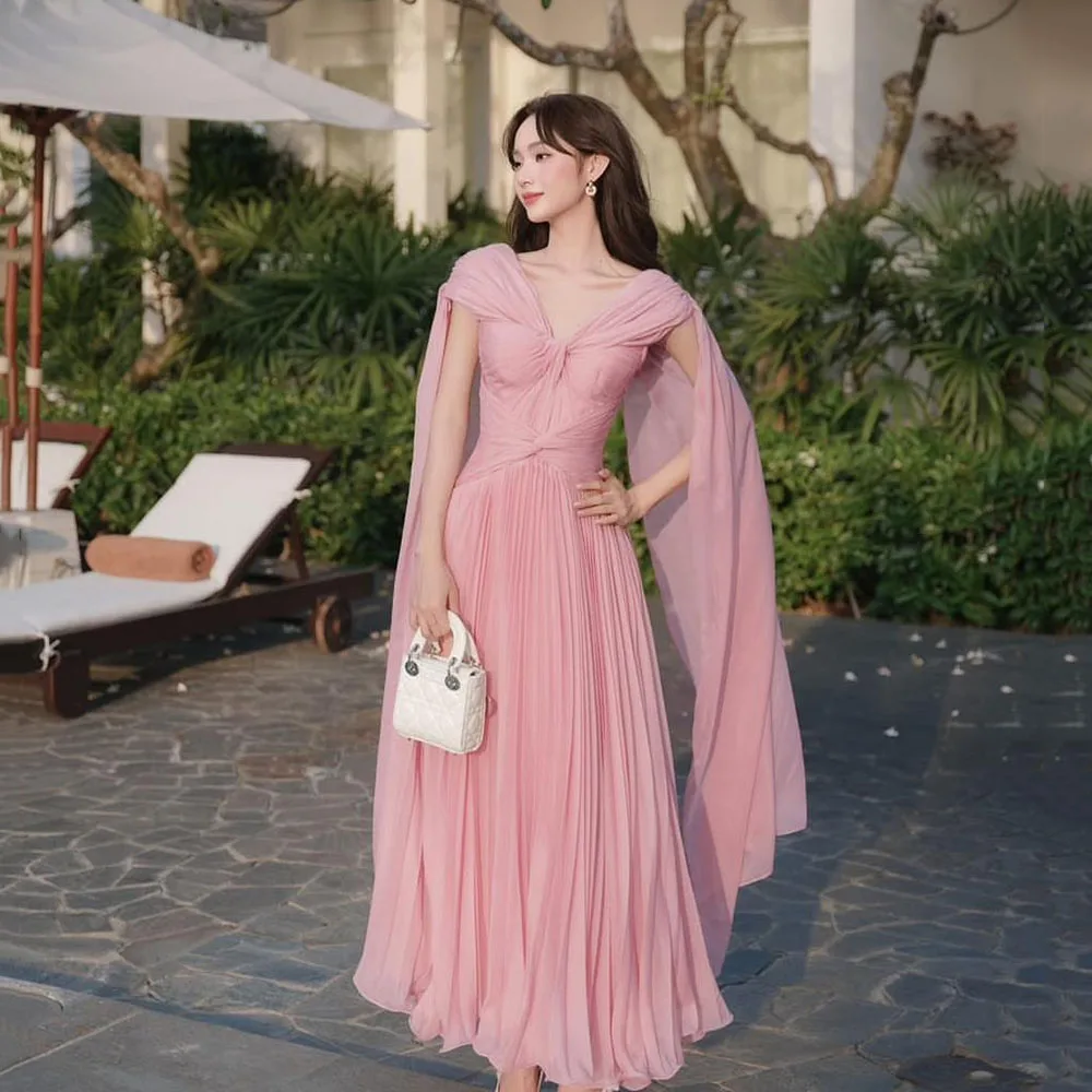 

Galarity Pink Evening Dresses Pleated Off Shoulder Draped Formal Gown Elegant Party Gown Romantic Long Prom Dress Customized