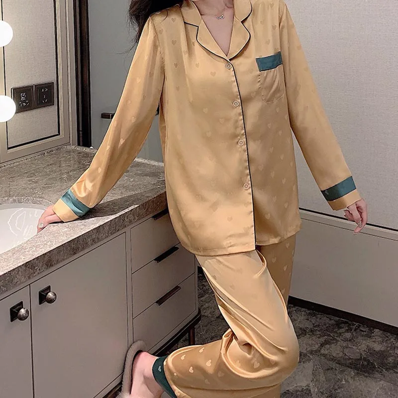 Top Autumn New Ice Silk Women Pajama Lapel Button Cardigan Outfits for Women 2 Piece Set Fashion Printing Set Clothes for Women 6