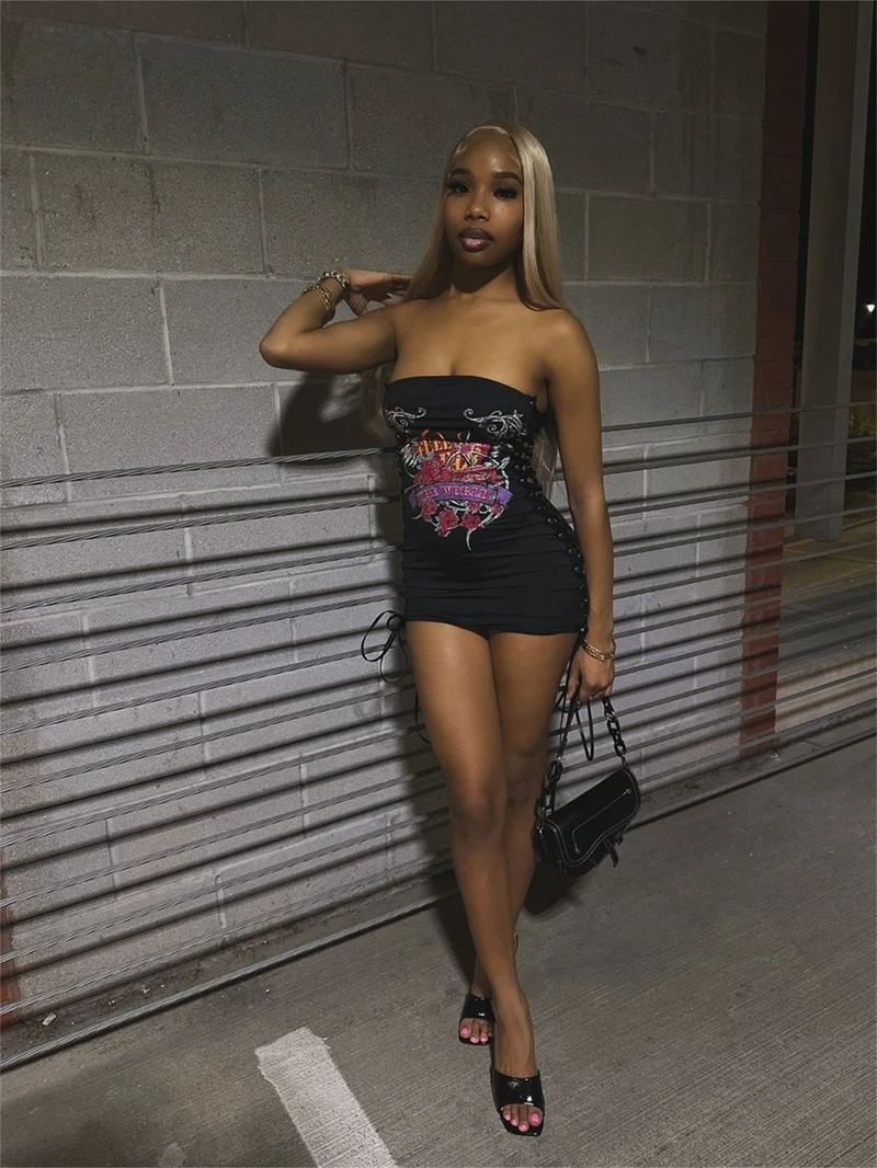 STYLISH LADY Lace Up Harajuku Printed Dress 2025 Summer Women Strapless Bodycon Sexy Club Party Hip Hop Mini Vestidos De Festa