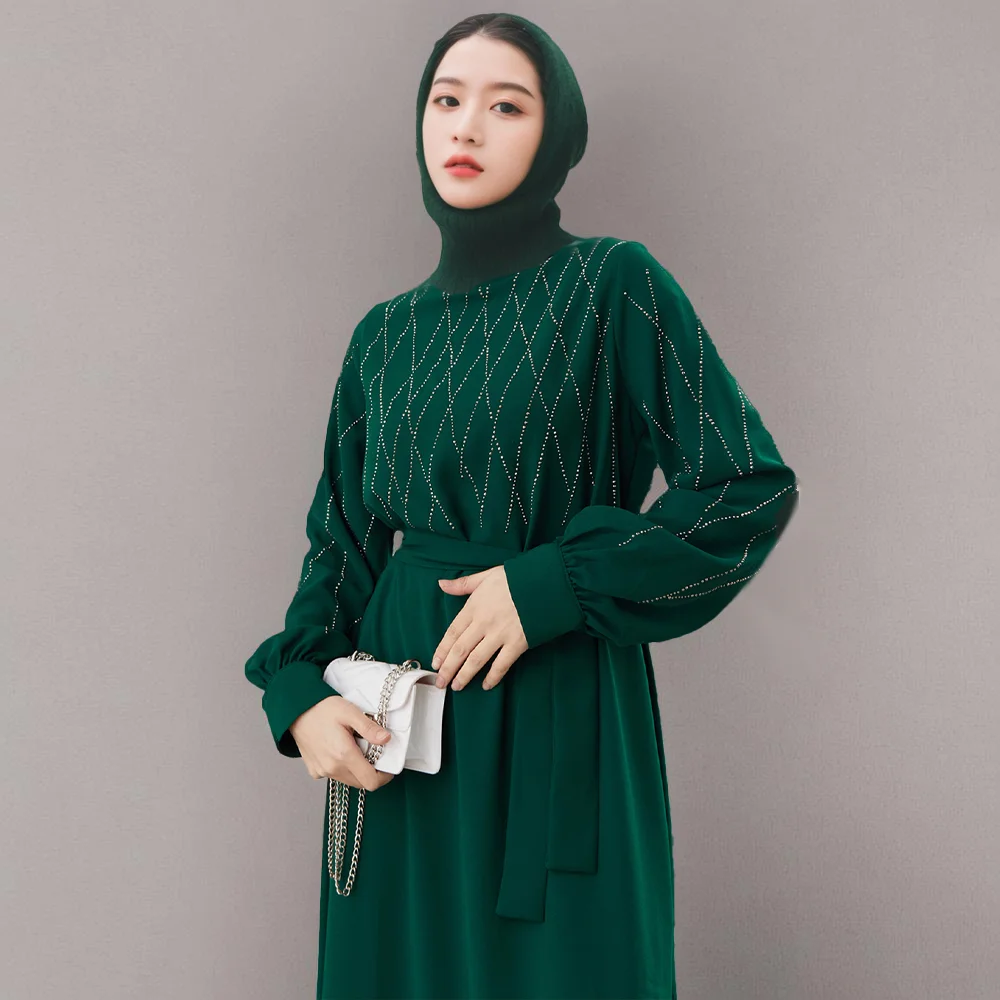 RIMAIRE 2024 New Fashionable Muslim Abaya with Diamonds Decoration Comfortable and Loose Islam Robe Modest Polyester Dresses