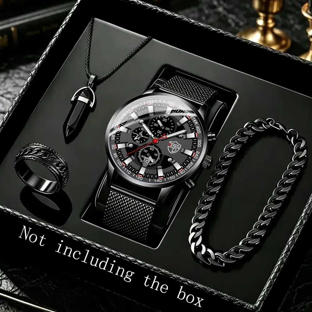 4pcs Men High-end and Elegant Quartz Watch and Bracelet Necklace Ring Set Men's Watch—the Perfect Gift for Fathers