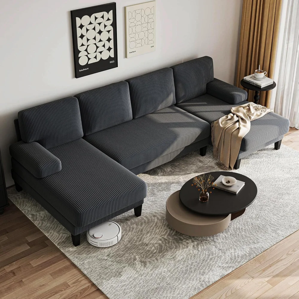 

112'' Corduroy U Shaped Couch with Sleeper Lounge Chaise, 4 Seat Modern Comfy Sectional Sofa Couches for Living Room