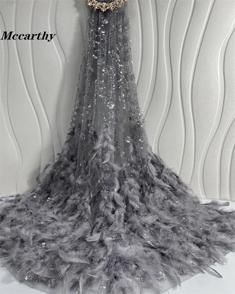 Gray Luxury 3D Feather Fabric 5 Yards Dubai Glue Sequins Lace Fabric Embroidered Applique African Nigerian Fabric For Sewing