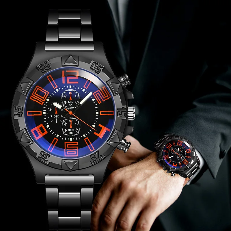 

New fashion men's luminous quartz watch, men's sports blue light steel band watch