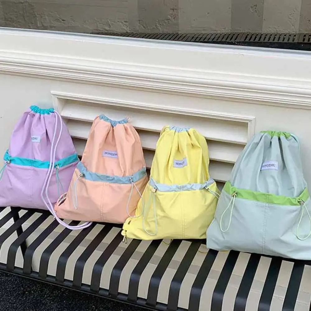 

Korean Style Drawstring Backpacks Large Capacity Niche Design Light Soft Nylon Bag Contrast Color Solid Color Shoulder Bag
