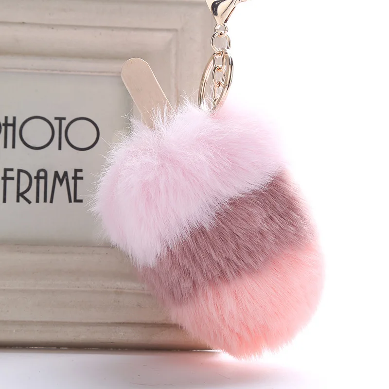 Cute Ice Cream Keychains For Women Men Plush Fluffy Pom Pom Pendant Key Ring Holder Faux Fur Charms Bag Decoration Jewelry Gift