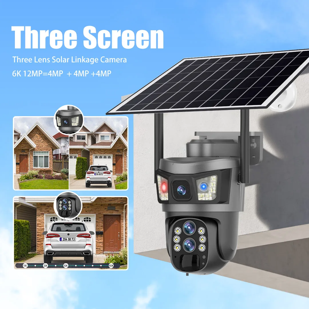 10X Zoom 4G Sim Solar Camera Outdoor 6K 12MP Three Lens Security Surveillance Camera 360 Human Auto Tracking Solar CCTV V380 Pro