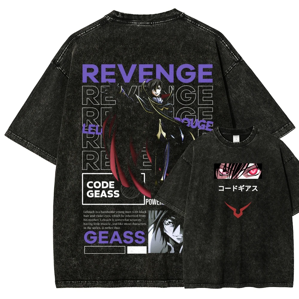2026 Code Geass Anime Printed T-shirt Unisex Washed T-shirt High Quality Vintage Cotton T-shirt Oversized Casual Y2K Tops