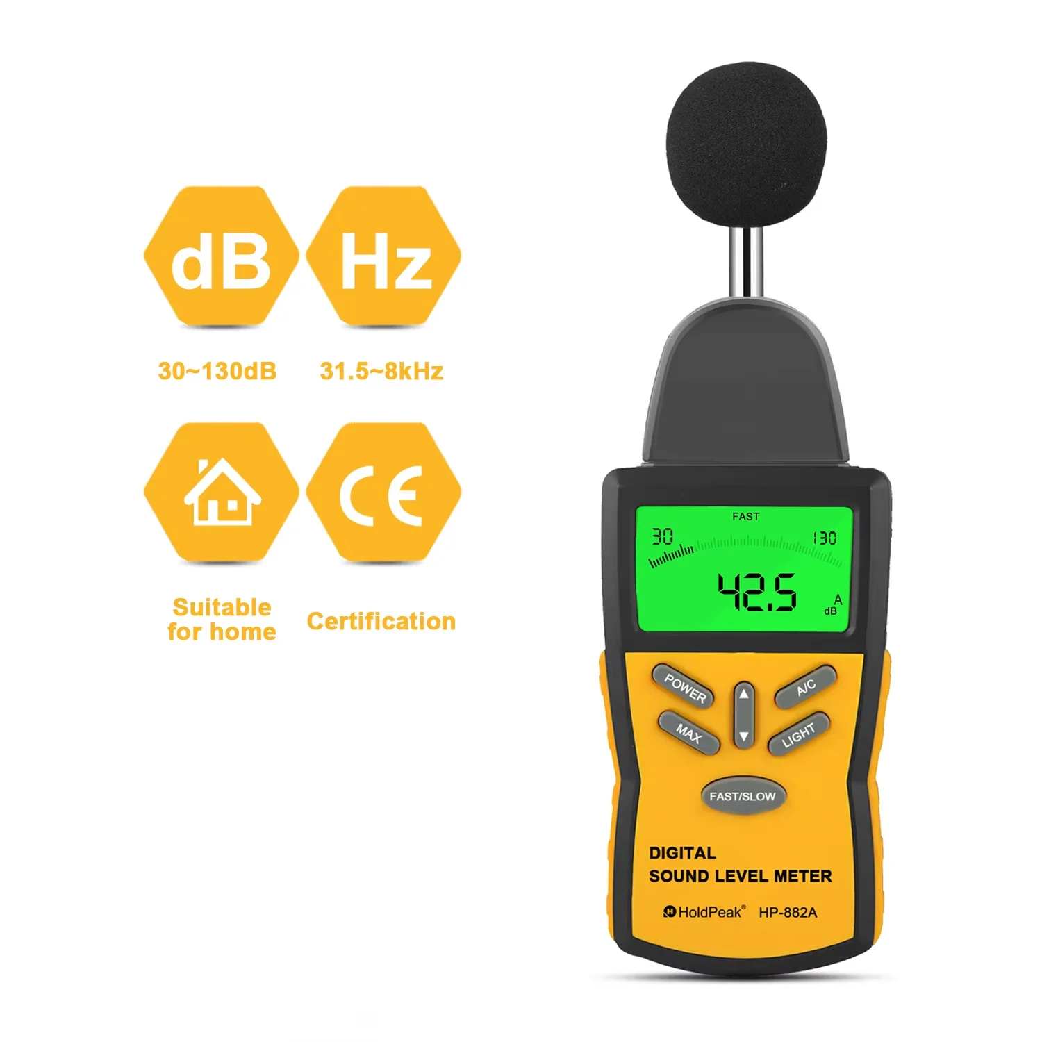 

Digital Decibel Meter HP-882A Sound Level Meter 30-130 dB (A/C), High Accuracy ±1.5dB Audio Noise Volume Tester with Fast/Slow