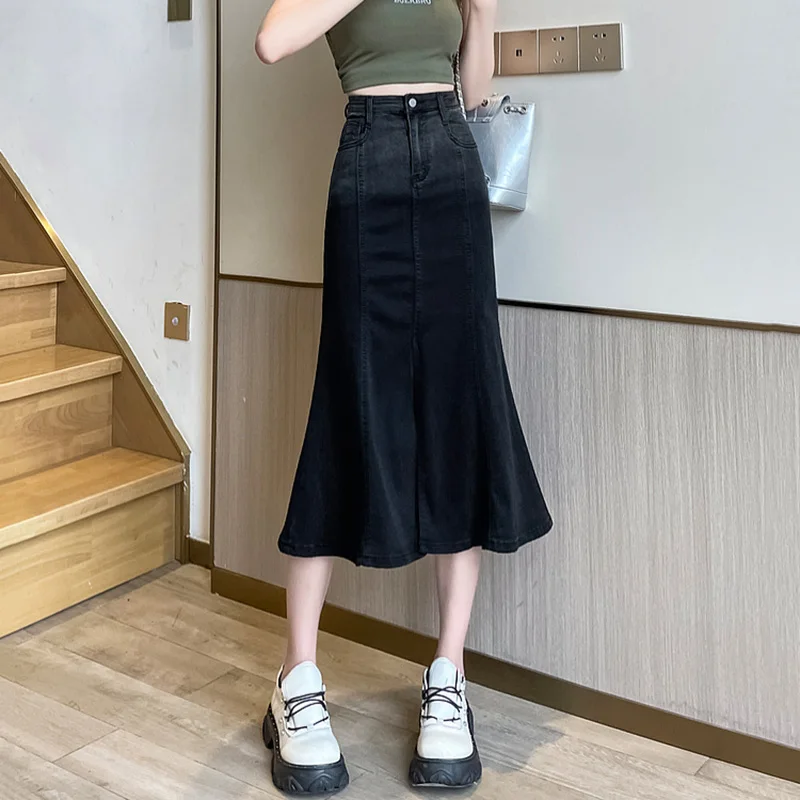 

New Women Spring Summer Black Mermaid Skirt Fashion High Waist Hip Wrap Split Long Skirt Vintage All-match Mid-Calf Skirt