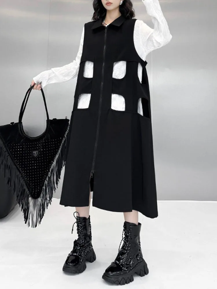 [EAM] Women Black Hollow Out Zipper Big Size Midi Vest Dress New Lapel Sleeveless Fashion Tide Spring Autumn 2024 1DH6870