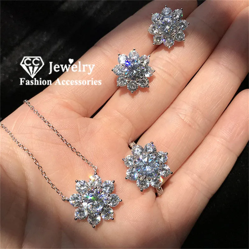 CC Jewelry Sets For Women Zirconia Snowflake Necklace Pendant Ring Stud Earrings 3PCS Drop Shipping CCAS222