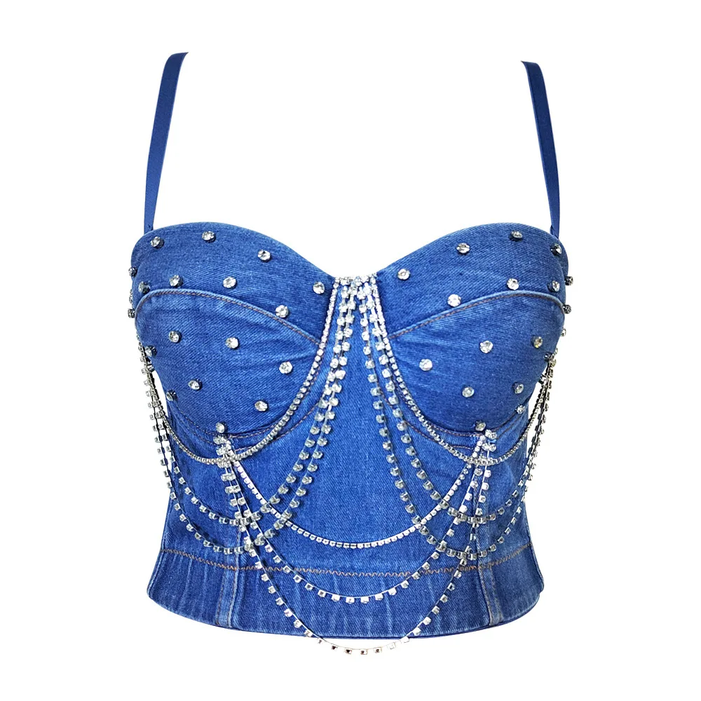 

European And American Fishbone Waistline Bustier With Rhinestone Chain And Beaded Bodice, Spicy Y2k Rock Style Denim Wrap Top