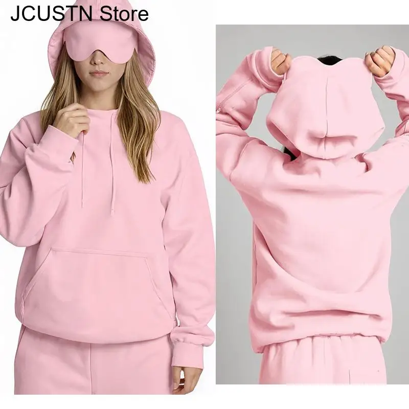 여성용 캐주얼 후드 스웨트셔츠 내장형 아이 마스크, 포켓 긴 소매 단색 스포츠 풀오버 가을 캐주얼 후디