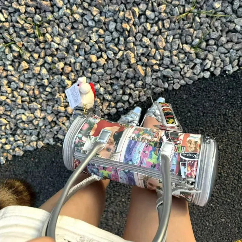 

Retro Silver European Portrait Handbag Women Punk PU Large Capacity Cylinder Shoulder Bag Ladies Hot Girl Y2k Laser Underarm Bag