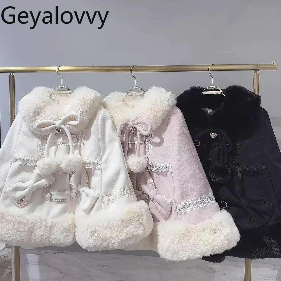 Japanese Style Liz Bowknot Pom-Pom Lace-up Double-Breasted Cape Coat Winter New Sweet Girls Versatile Warm Cute Cloak Jacket