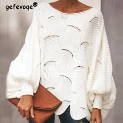 Autumn and Winter Women Hollow Oversize Streetwear Knitted Sweater Y2K Irregular Lantern Long Sleeve Solid Pullover Tops Jumpers