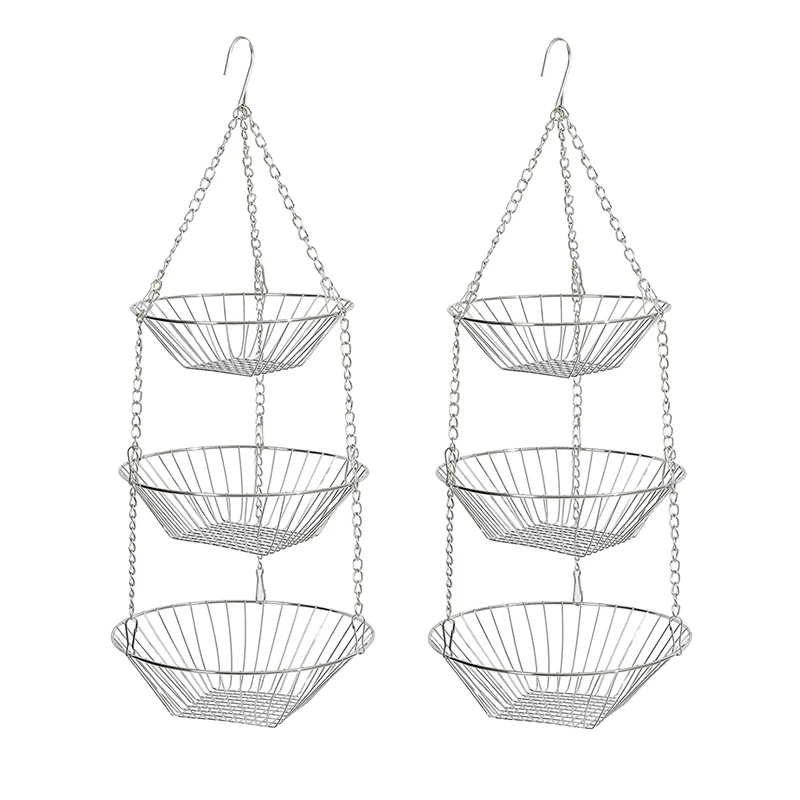 

2 Pack Hanging Baskets 3 Tier Hanging Fruit Baskets 3 Tier Ceiling Support Space Saving Kitchen For Fruit Silver