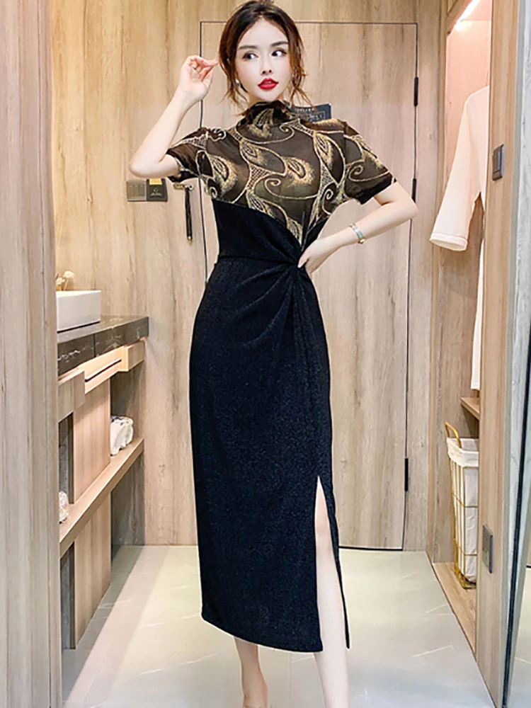Été noir patchwork rouge imprimé pure sexy robe longue femmes vintage robe de luxe robe 2025 coréen élégant moulante robe de soirée