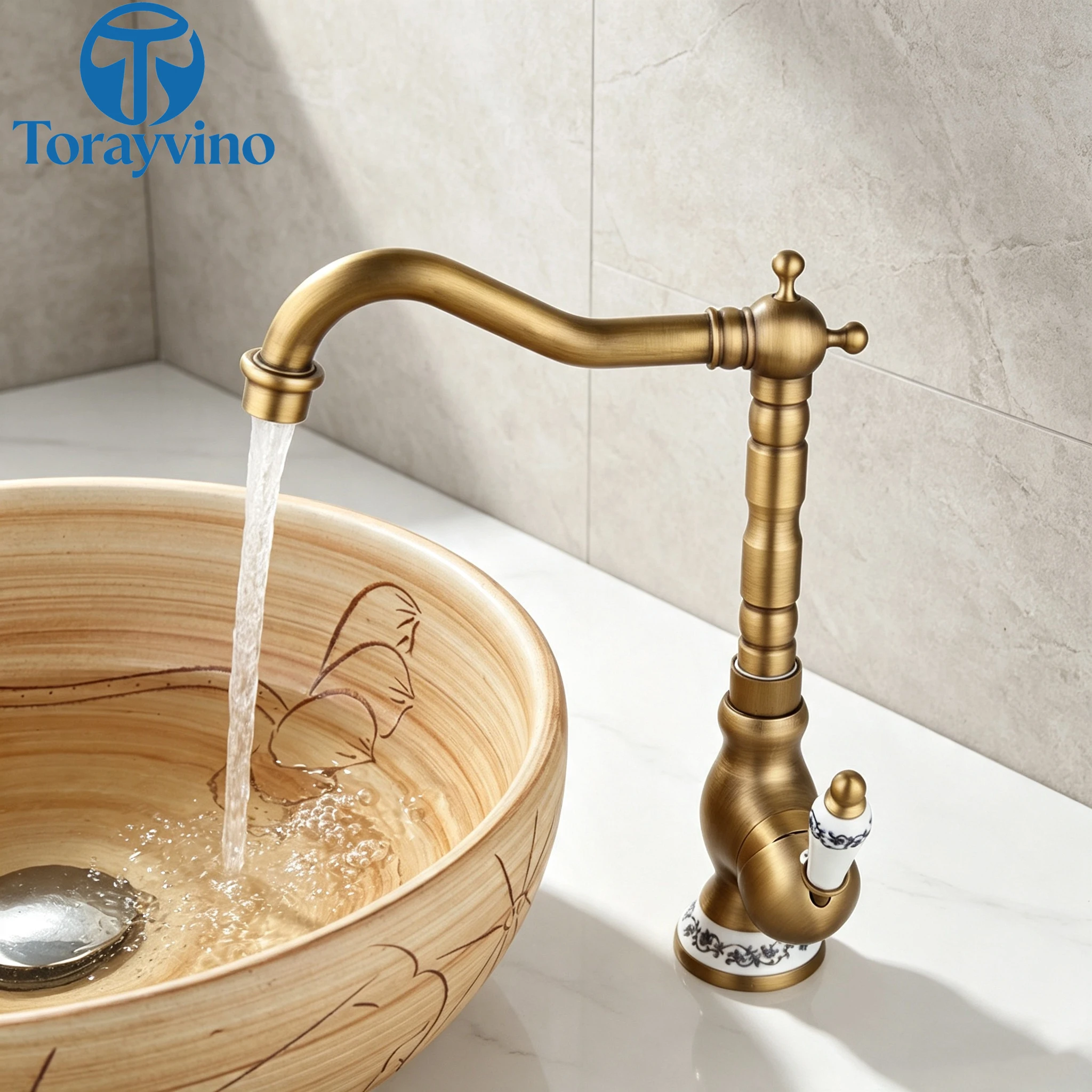 Torayvino Luxury Bathroom Basin Antique Brass Single Handle Faucets 360 Swivel Spout Sink Hot Water Faucet Mixer Tap For Kitchen