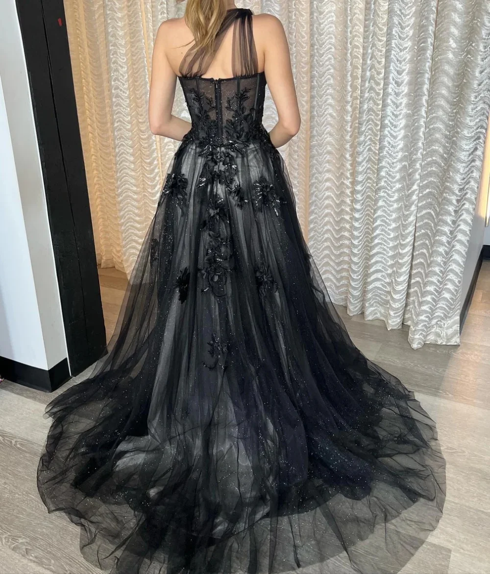 Lena-Robe de soirée en dentelle brodée personnalisée pour femme, robe de soirée élégante, robe de luxe noire pour femme, initié unique, 2025